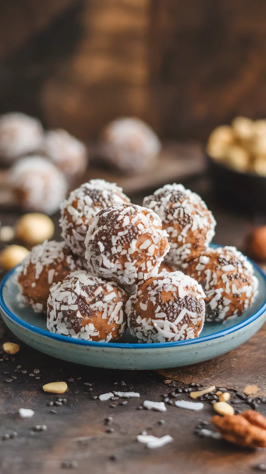 A plate of almond butter energy bites coated in coconut and chia seeds.