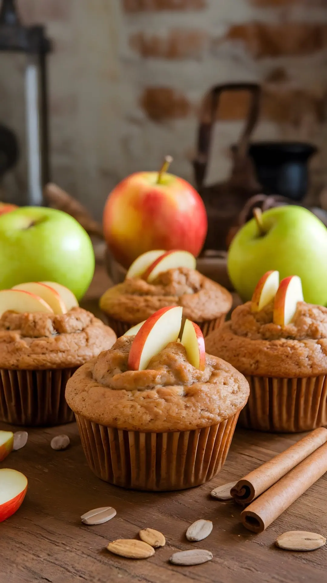 Apple Cinnamon Flaxseed Muffins with slices of apples on top, surrounded by fresh apples and cinnamon sticks.