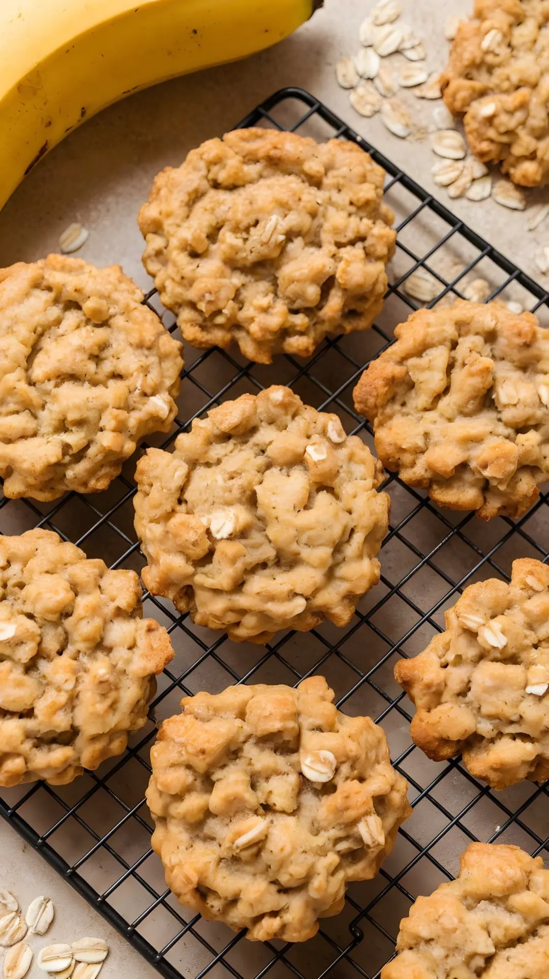 Freshly baked vegan and gluten-free banana oatmeal cookies on a cooling rack with a banana