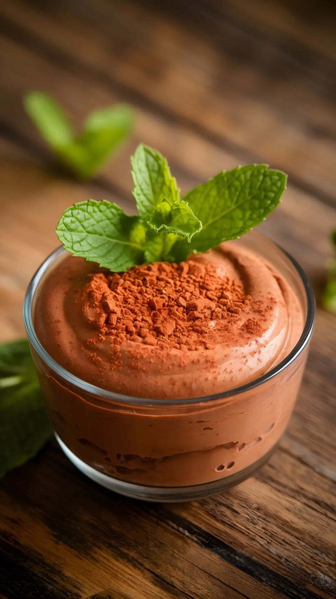 A delicious chocolate avocado mousse topped with cocoa powder and mint leaves.