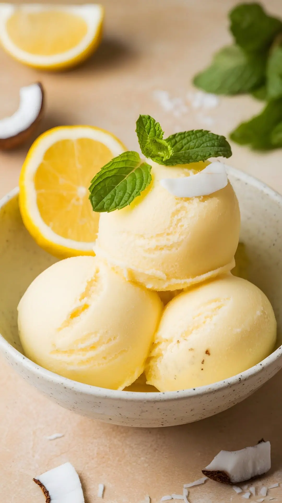 A bowl of lemon coconut sorbet garnished with mint leaves and lemon slices