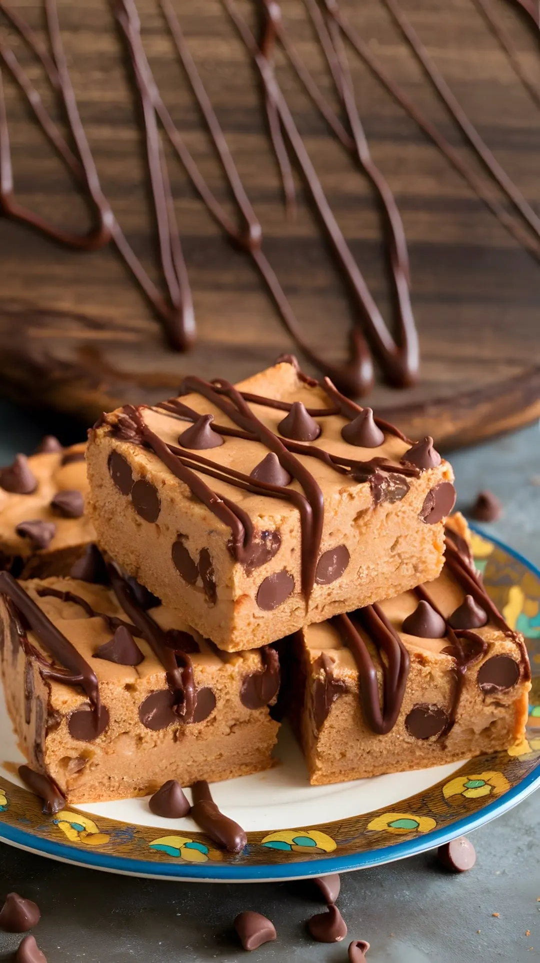 Delicious peanut butter chocolate chip blondies drizzled with chocolate on a plate