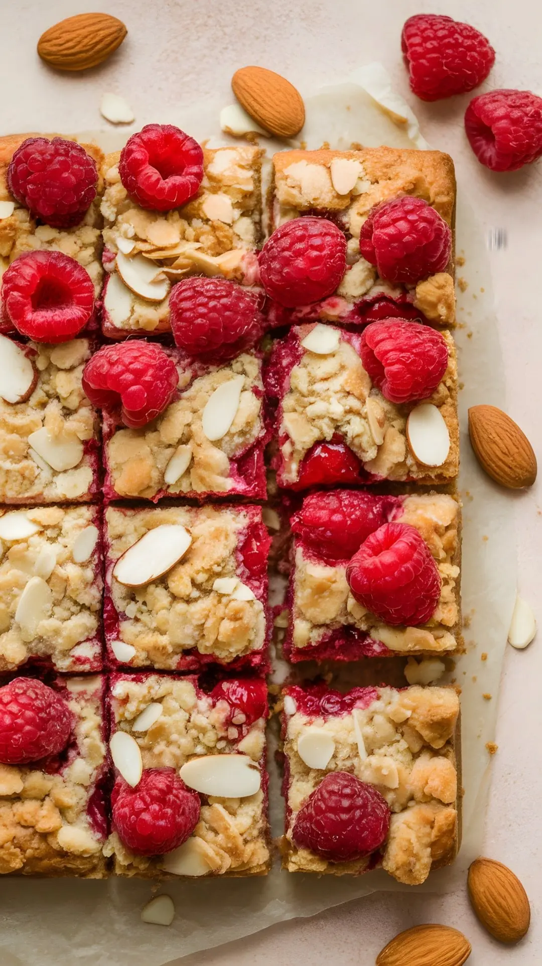 Raspberry almond crumble bars topped with raspberries and almonds, sliced into squares