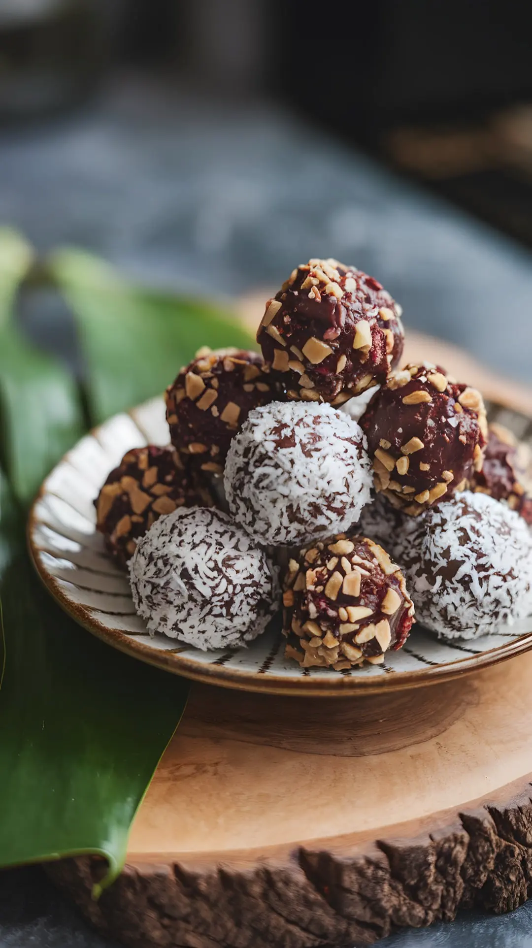 Raw Chocolate and Coconut balls on a plate