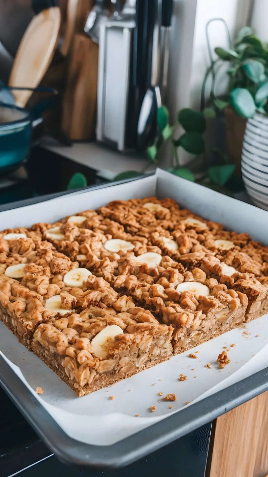 A tray of baked banana oatmeal bars with banana slices on top.