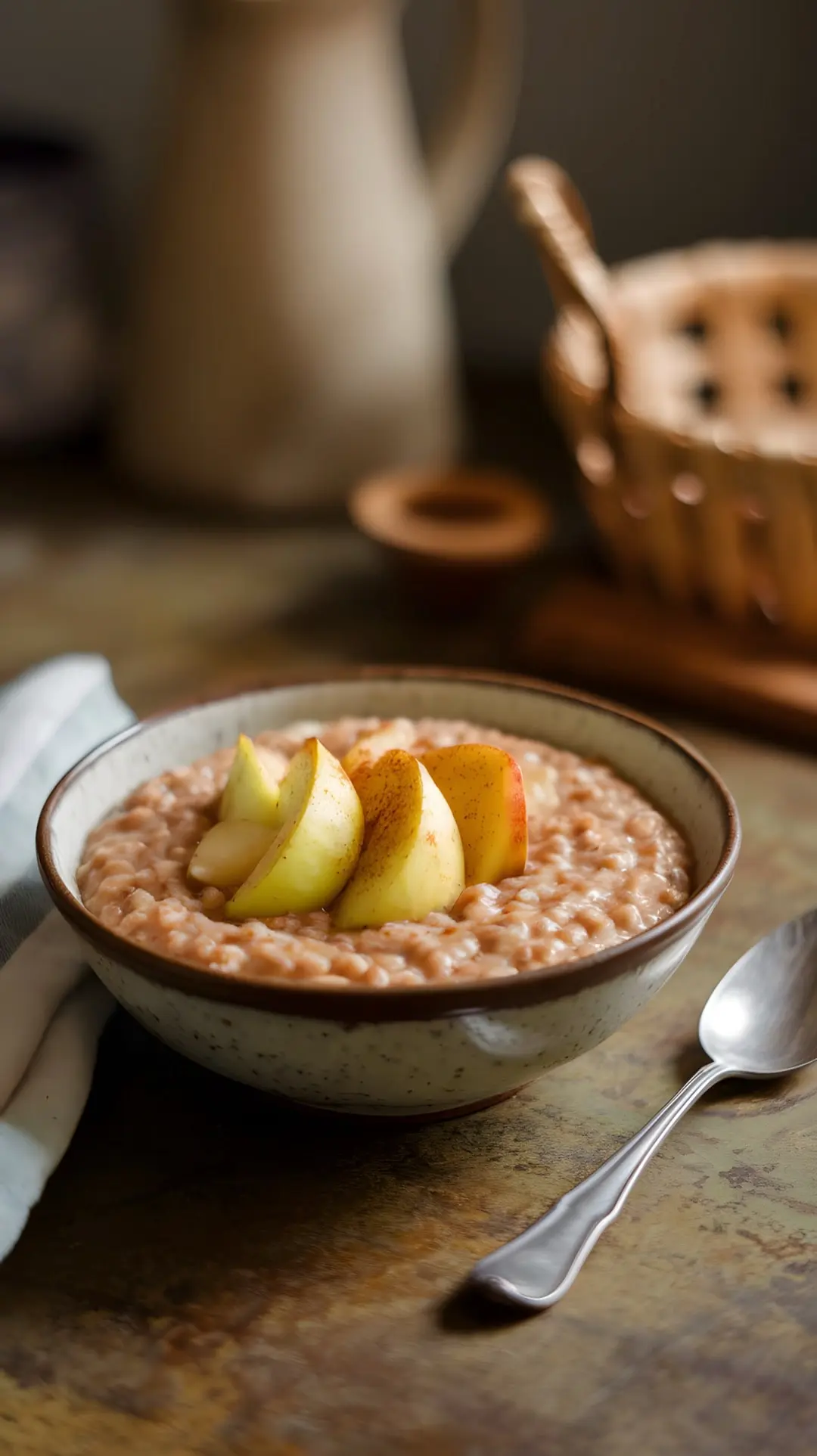 A bowl of buckwheat porridge topped with apple slices and cinnamon sticks on a rustic table.