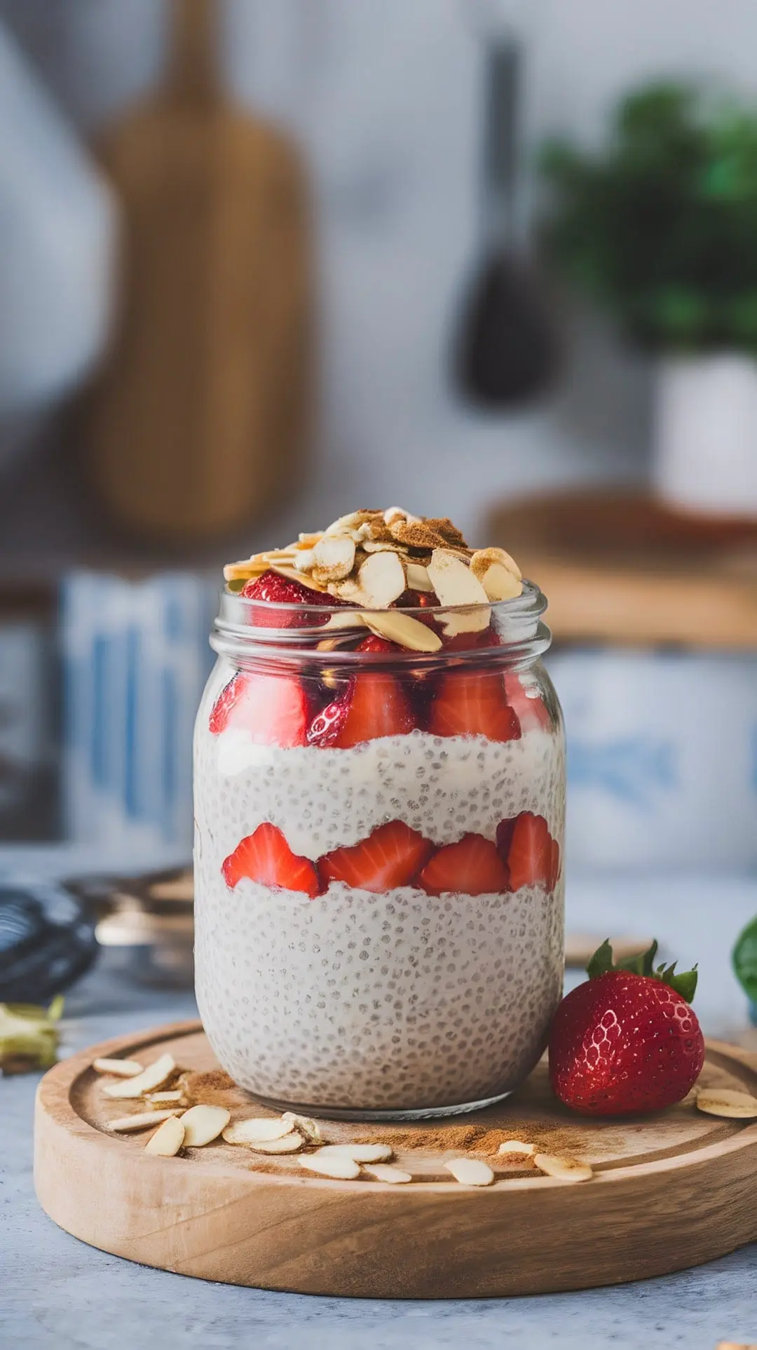 Chia seed pudding in a jar with strawberries and almonds on top