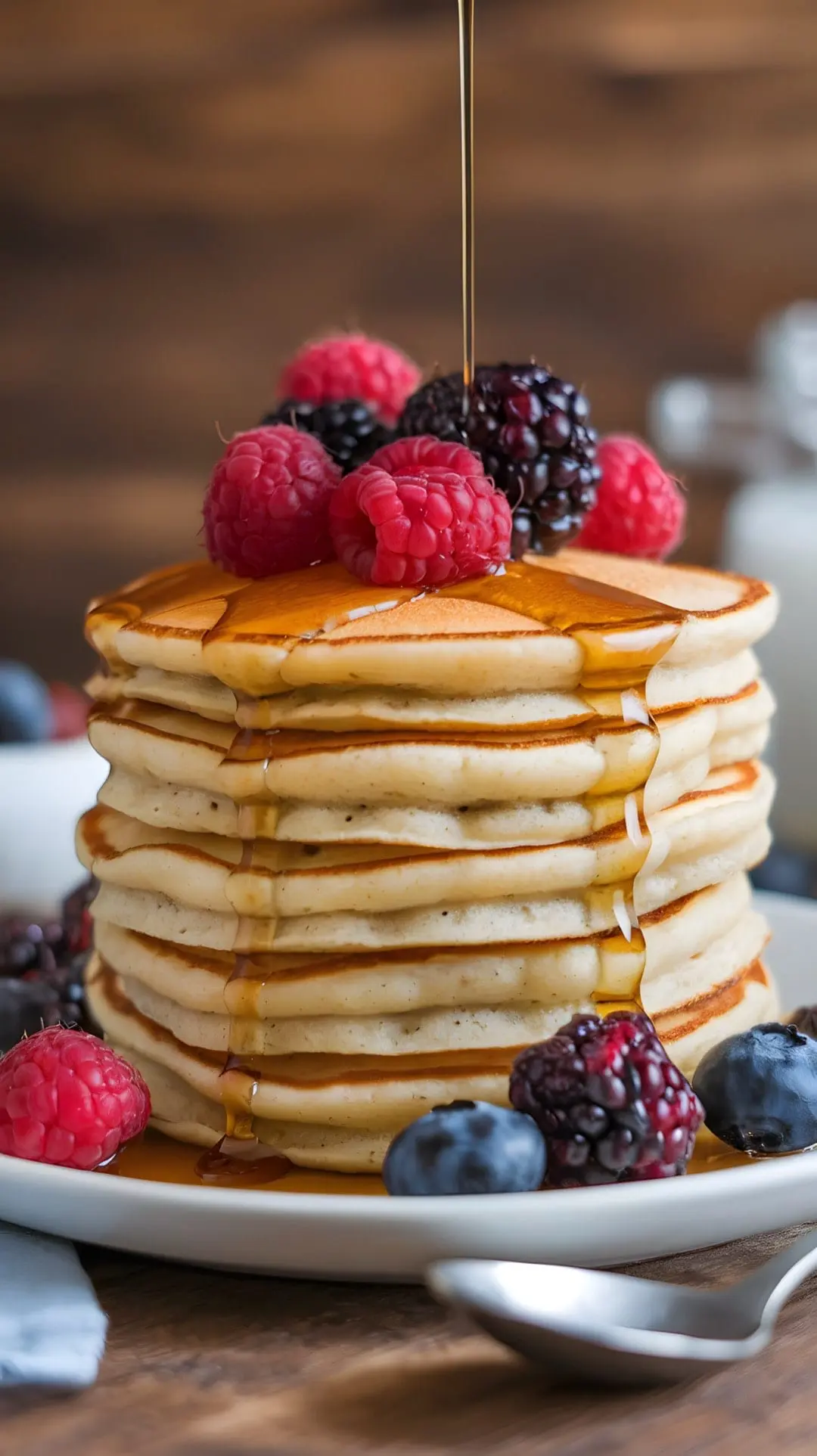 A stack of coconut flour pancakes topped with maple syrup and mixed berries