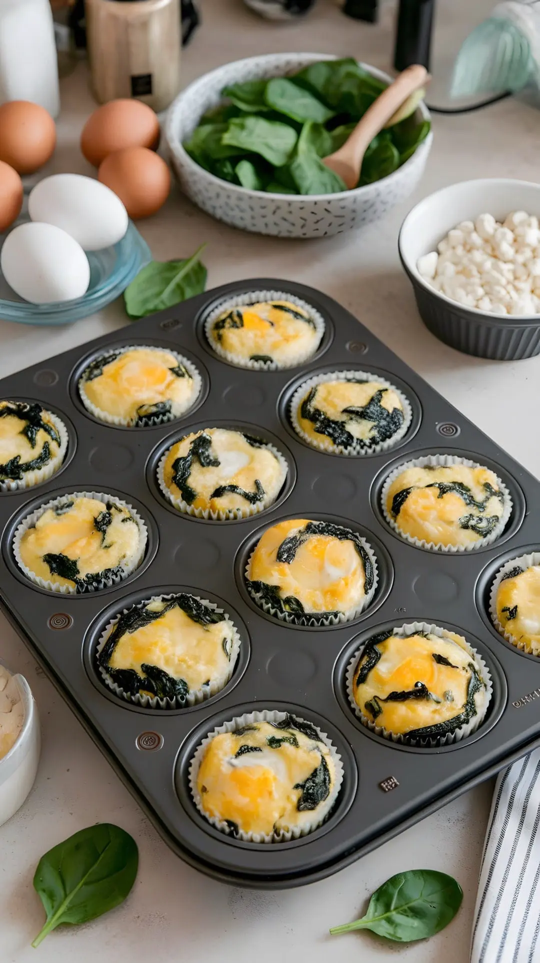 A tray of egg muffins with spinach and feta, surrounded by fresh ingredients.