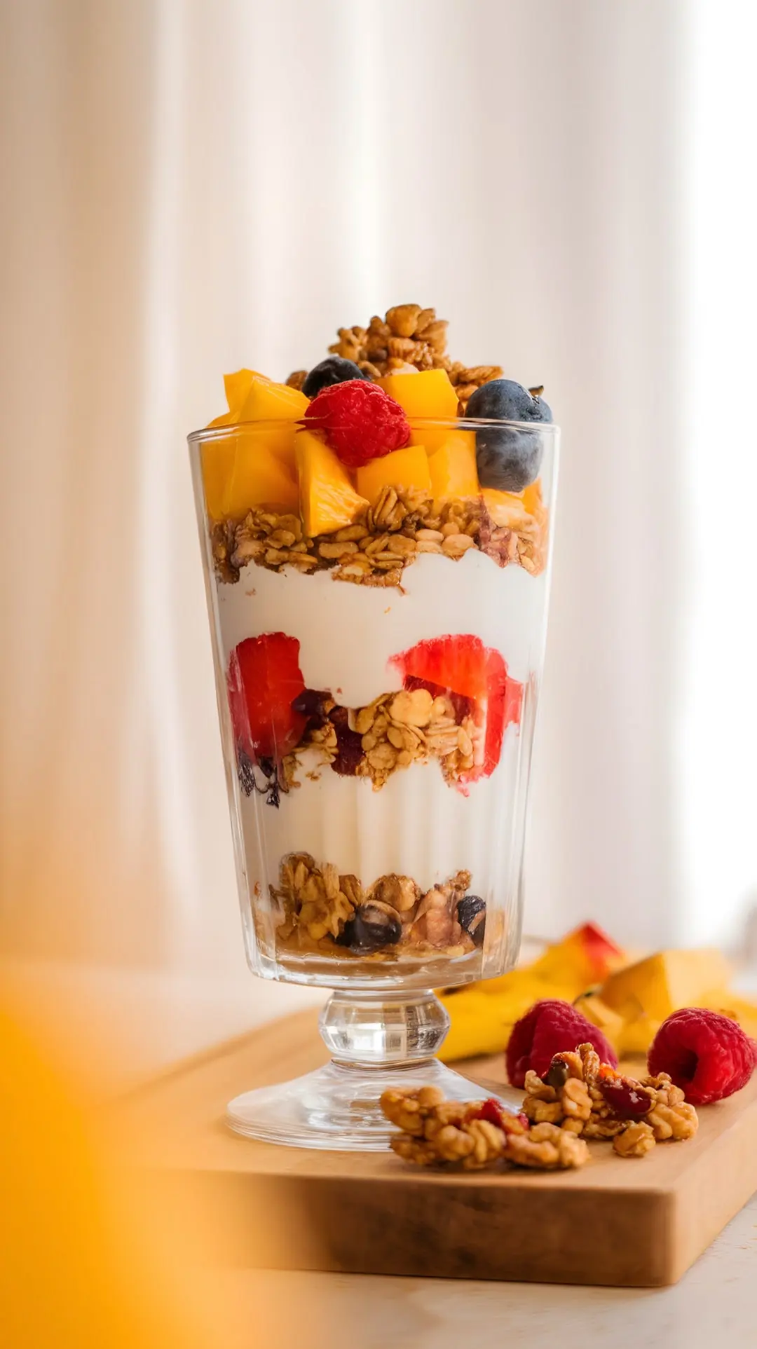 A delicious Greek yogurt parfait with layers of granola, strawberries, mango, blueberries, and raspberries in a glass.