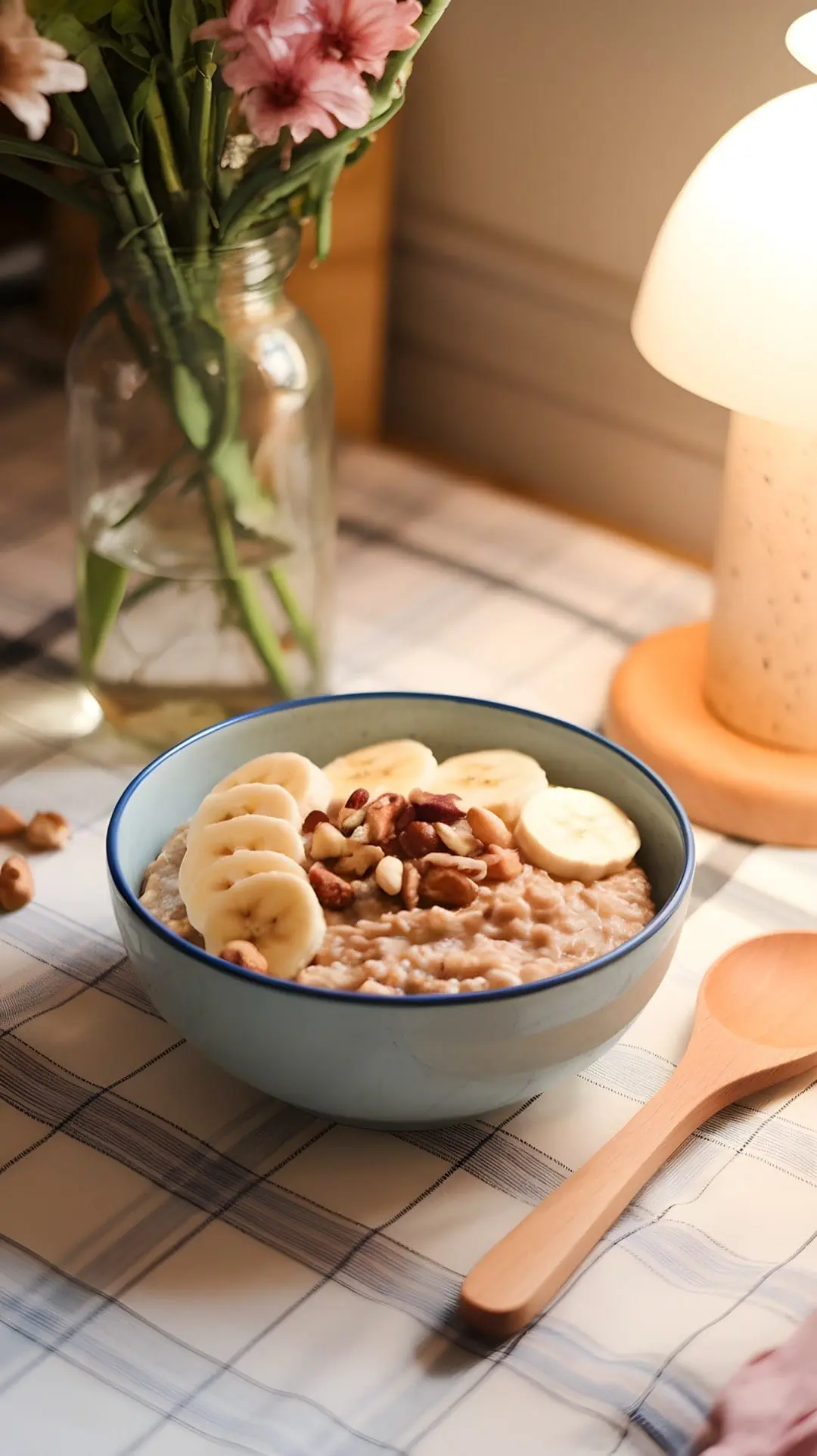 A bowl of oatmeal topped with banana slices and mixed nuts, placed on a checkered tablecloth with a flower vase in the background.