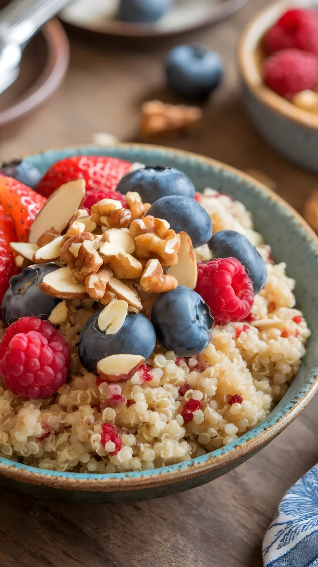 A quinoa breakfast bowl topped with fresh strawberries, blueberries, raspberries, and nuts.