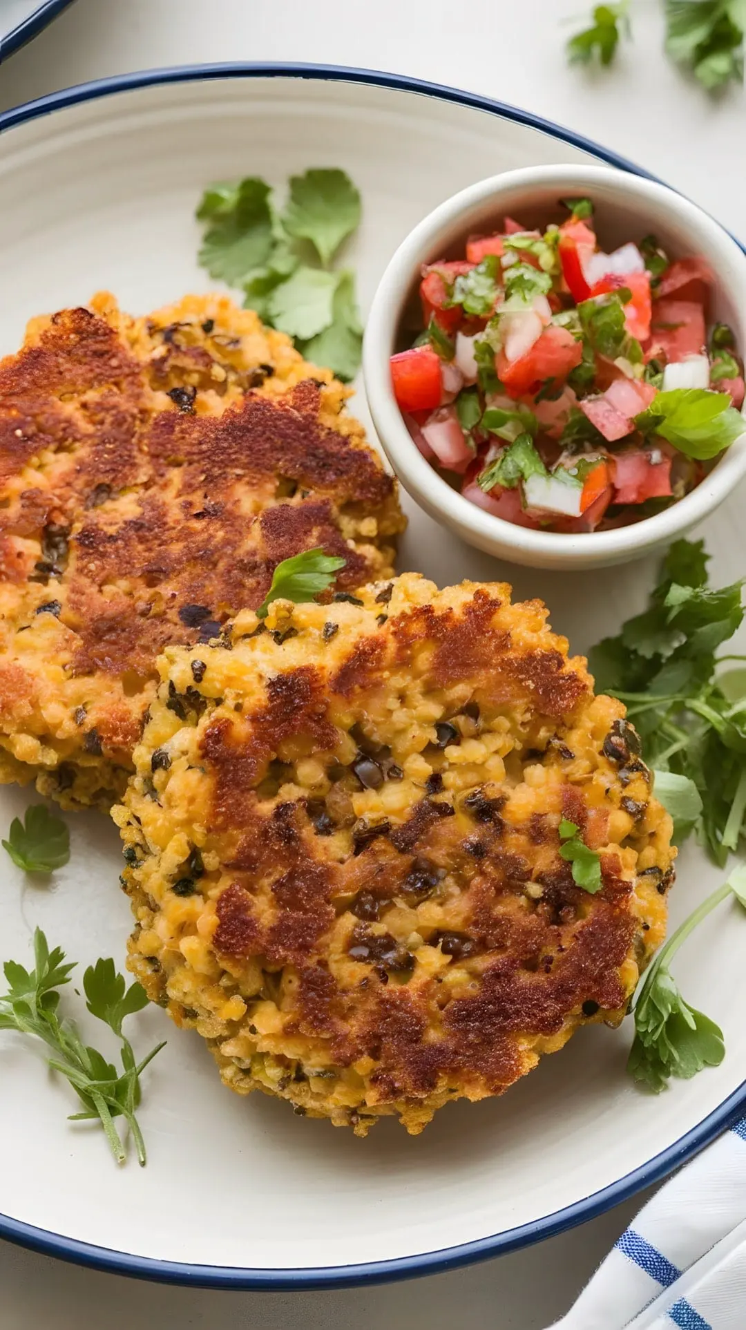 A plate of golden quinoa breakfast cakes with a side of fresh salsa and herbs