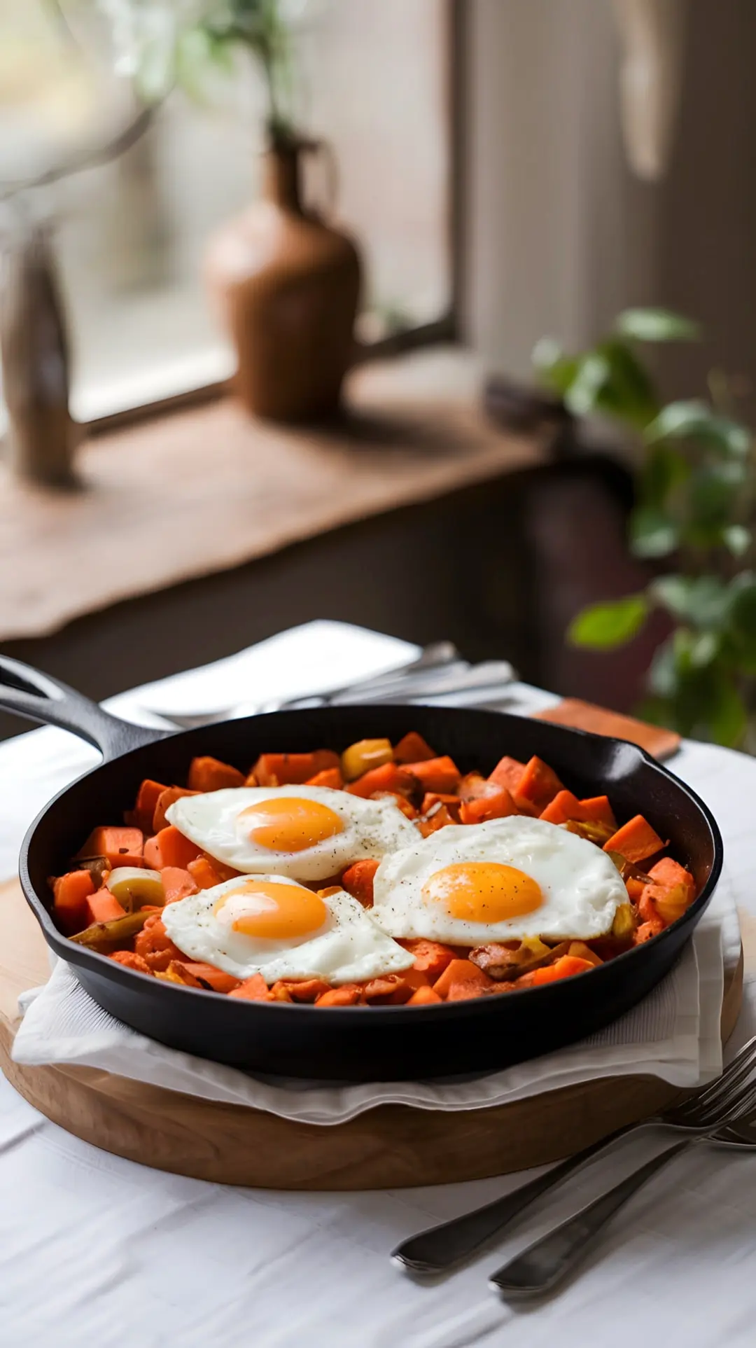 A skillet filled with sweet potato hash topped with sunny-side-up eggs.