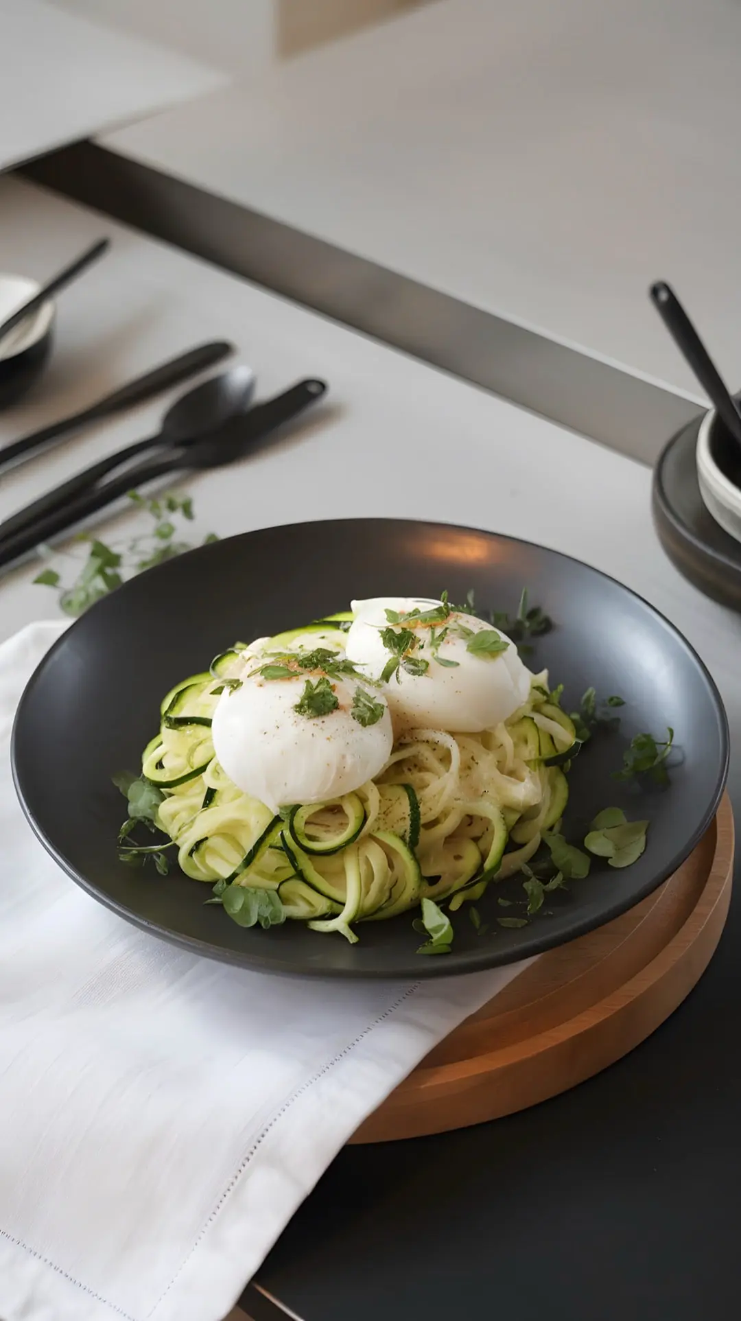 A plate of zucchini noodles with two poached eggs, garnished with herbs.